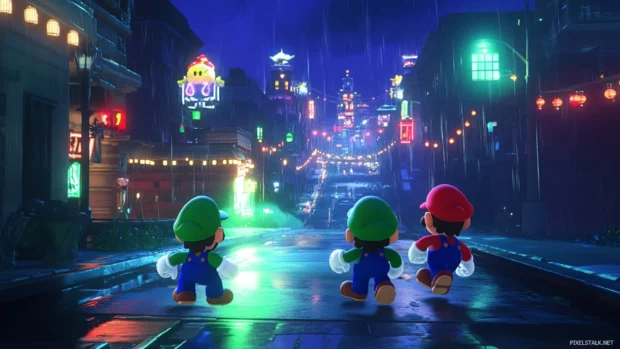 In a nighttime city level, Mario and Luigi slide across neon lit platforms.