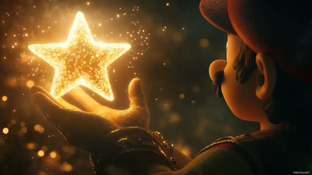In a peaceful moment, Mario holds a shimmering star in both hands as it pulses with light.