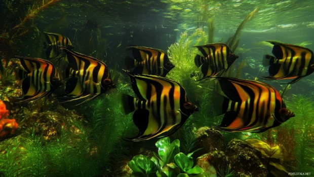 In a serene underwater landscape filled with plants and coral, a group of colorful angelfish with various patterns swim harmoniously.