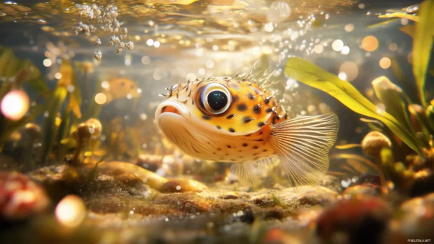 In a serene underwater scene with soft currents and glowing light filtering from the surface, a playful pufferfish inflates.