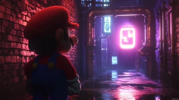 In a stylized noir version of the Mushroom Kingdom, Mario stands in shadow beside a neon pipe.