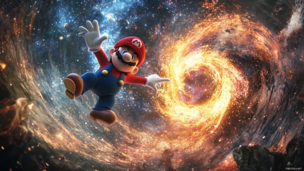 In a swirling vortex of cosmic light, Mario spins into a supercharged star transformation.