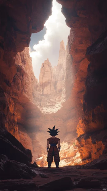 In a tall canyon, Goku stands in silence as sunlight filters through cracks above.