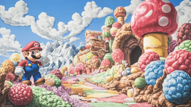 In a world made of candy and color, the Mario Bros explore each corner with curiosity.