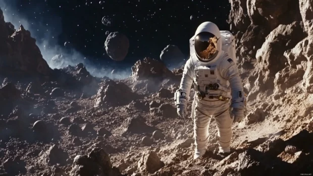In an epic wide shot, an astronaut walks across an asteroid field.