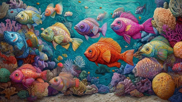In an underwater coral reef, a school of colorful fish swim with each fish's unique colors and patterns highlighted against the coral backdrop.