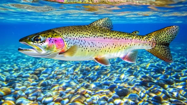 In an underwater coral reef, a school of colorful fish swim with each fish's unique colors and patterns highlighted against the coral backdrop.