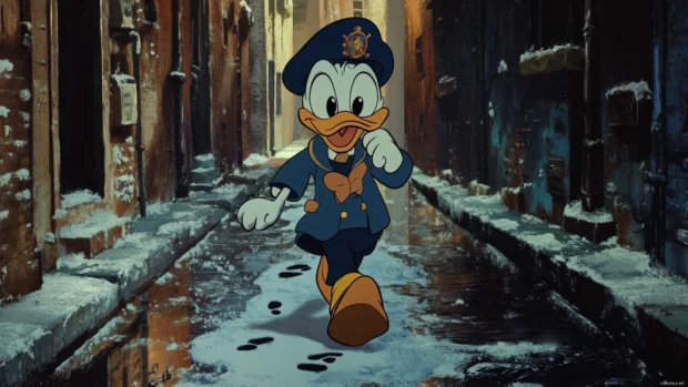 In detective outfit, Donald Duck follows footprints through a cartoon alley.