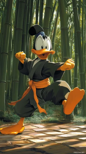 In ninja gear, Daffy Duck performs clumsy martial arts kicks in front of bamboo trees.