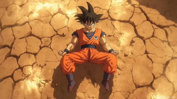 In perfect balance, Goku hovers in a meditative pose above cracked earth.