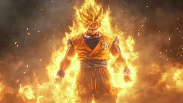 In slow motion, Goku charges through smoke with his fists glowing yellow.