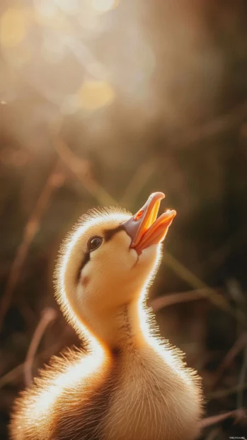 In soft focus, a duckling looks up curiously while sunlight halos its head.