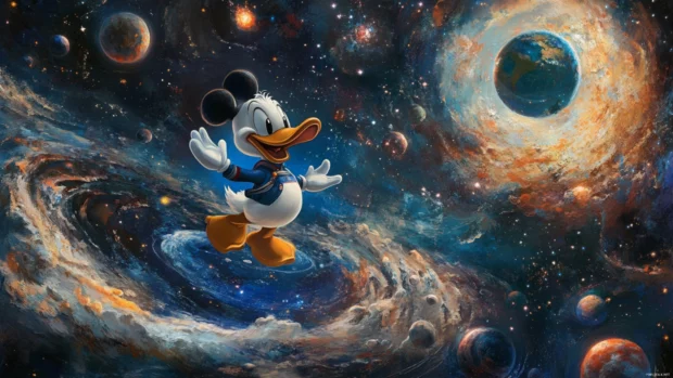 In space, Donald Duck floats with stars and planets swirling around him.