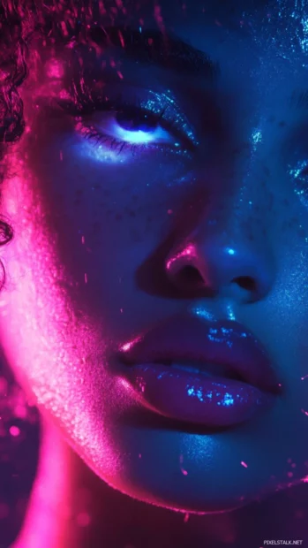 In the center, neon aesthetic lock screen wallpapers flash with glowing blue and pink accents across the lock screen.