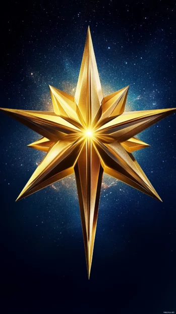 In the center of a deep midnight blue sky is a large, glowing golden star with soft light radiating from it, creating a powerful and serene focal point.