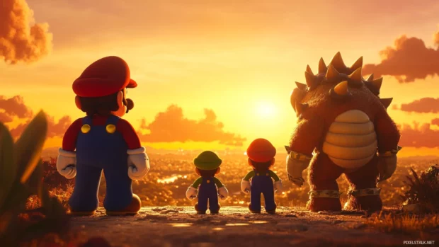 In the golden sunset, Mario and Luigi face off against Bowser Jr in the sky arena.