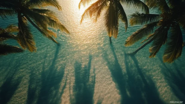 In the heart of Summer Vibes, palm trees cast delicate shadows over crystal clear waters beneath a glowing sunset.