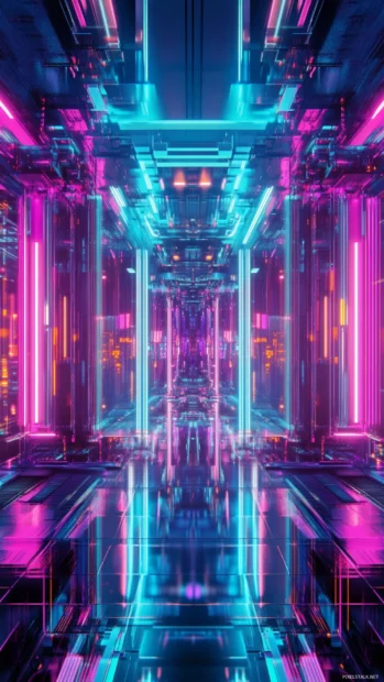 In the heart of a futuristic city, vibrant lights shine in this futuristic city aesthetic wallpaper.