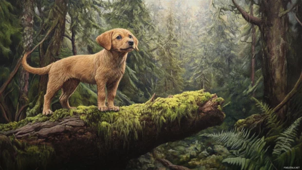 In the heart of the forest, a puppy stands alert on a mossy log.