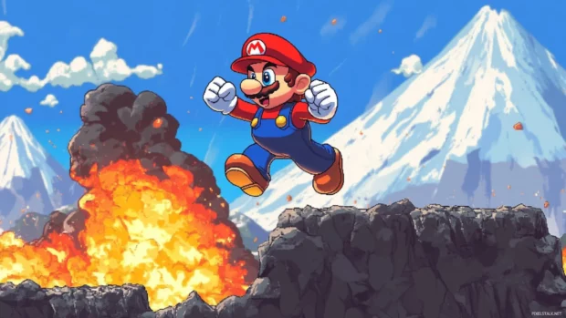 In the heart of the volcano stage, Mario jumps from rock to rock in Super Mario World.
