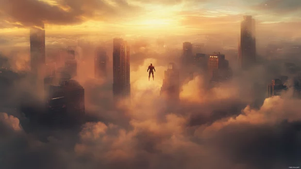 In the middle of a smoky skyline, Iron Man Mark III prepares to launch toward the enemy.