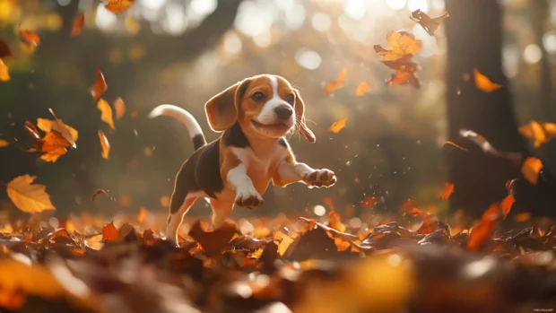 In the middle of a sun drenched forest, a beagle puppy plays with autumn leaves, a lovely puppy desktop wallpaper option.