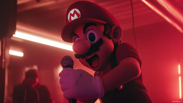 In the middle of an intense rap battle, Mario holds the mic with a fiery stare.