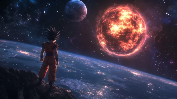 In the midst of space, Goku floats beside a glowing spirit orb as planets shimmer far away.