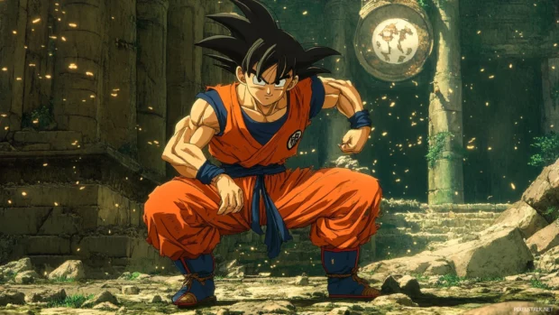 In the ruins of a temple, Goku crouches with energy dancing around his boots.