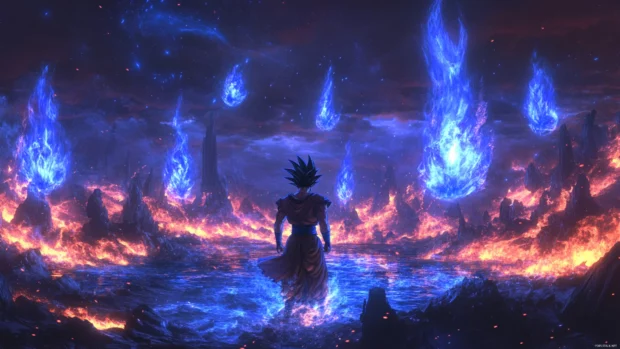 In this Cool Goku wallpaper, Goku floats with arms crossed above a battlefield with blue flames.