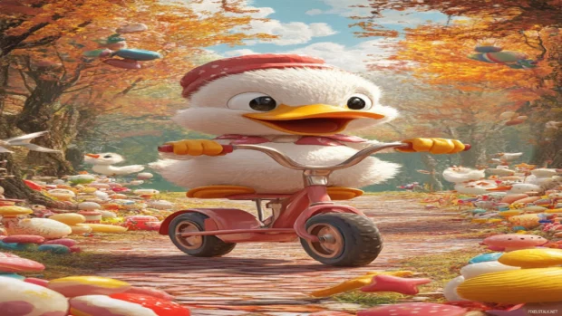 In this Cute Duck iPhone Wallpapers, a duck rides a tricycle through a candyland forest with joy on its face.