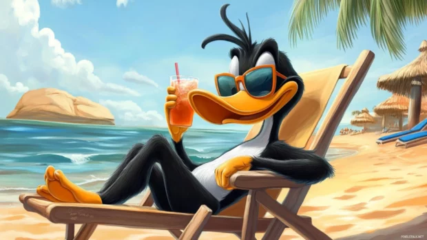 In this Daffy Duck wallpaper, he wears sunglasses and reclines on a beach chair sipping a drink.