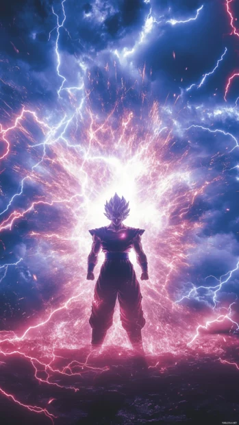 In this Goku Phone Wallpapers, Goku transforms into Super Saiyan surrounded by intense lightning bursts.