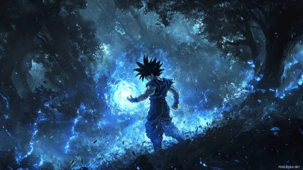 In this Goku Wallpaper HD, Goku charges his Kamehameha in a quiet forest lit by blue energy.