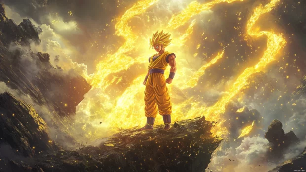 In this Goku super saiyan wallpaper for PC, Goku stands on a crumbling cliff surrounded by yellow energy waves.