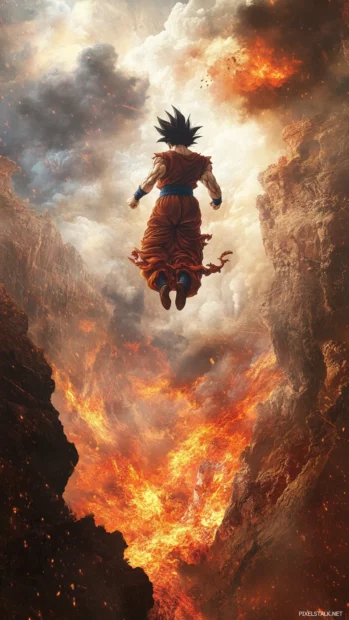 In this Son Goku iPhone Wallpapers, Goku lifts above a canyon while fire and dust swirl around.