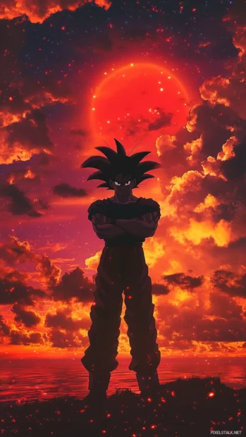 In this Son Goku iPhone Wallpapers, Goku stands with arms crossed under a glowing red sky.