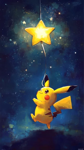 In this dreamy Cute Pikachu Wallpaper, Pikachu reaches for a floating balloon in the shape of a star.