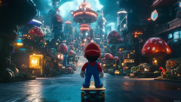 In this high contrast Cool Mario Wallpaper, Mario skateboards through a futuristic Mushroom City.