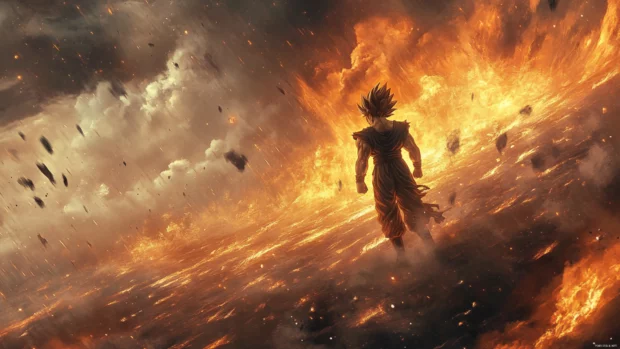 In this intense Goku Desktop Wallpaper layout, Goku battles wind and fire with focused determination.