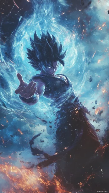 In this mobile Goku ultra instinct desktop wallpaper, Goku blocks an attack with one finger in perfect stillness.