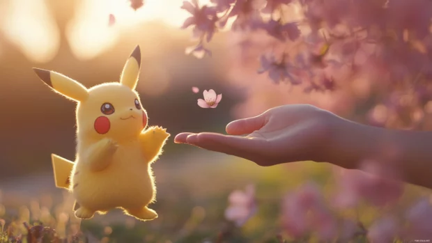 In this soft lit Pikachu Wallpaper 4K for PC, Pikachu reaches out to a falling cherry blossom petal.