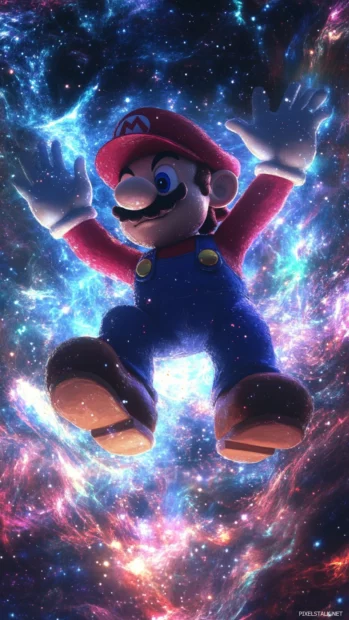 In vertical frame, Mario dances through a tunnel of stars and galactic dust.