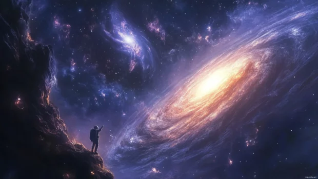 Incredible Astronaut in Space Wallpaper showing an explorer in zero gravity reaching for a distant galaxy.