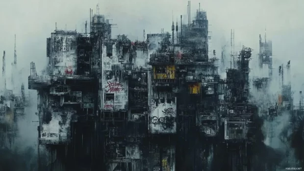 Industrial cityscape where buildings morph into graffiti creatures.