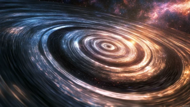 Infinite ripple of spiral symbols gliding through a deep cosmic field in motion.