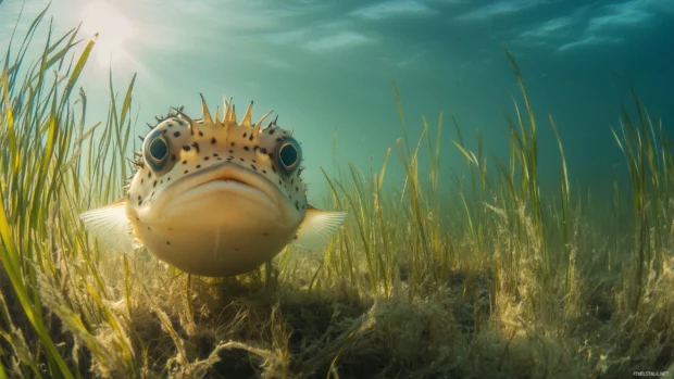 Inflated and surrounded by delicate underwater plants and soft light, a pufferfish in its natural habitat creates a peaceful oceanic atmosphere.