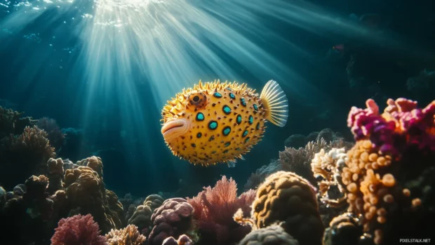 Inflated in the middle of a vibrant coral reef with sunlight streaming down from above is a pufferfish with its vibrant yellow and green patterns.