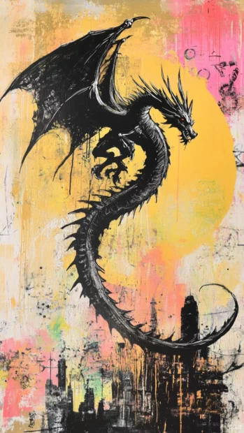 Ink dragon flying above golden skyline in pastel graffiti.