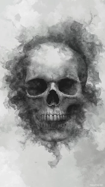 Ink wash skull drifting through calligraphy mist.